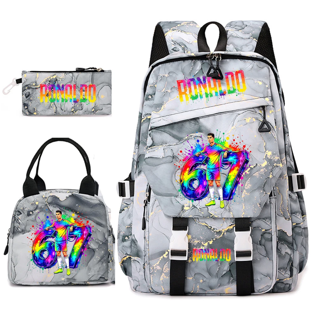 Cr7 Ronaldo 67 Juego de mochila escolar con estampado para estudiantes, con bolsa para el almuerzo, estuche para lápices, mochila de viaje escolar para adolescentes y niñas