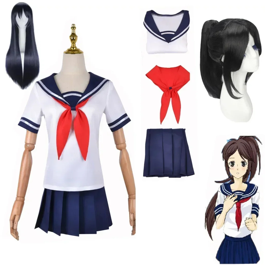 Yandere Simulator Ayano Aishi Cosplay Kostüme Spiel Anime JK Uniform Outfit Seemann T-Shirt mit Rock schwarze Perücken Set Party