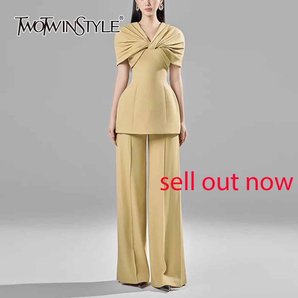 

TWOTWINSTYLE Casual Spliced Folds Two Piece Set For Women V Neck Irregular Top High Waist Loose Pant Chic Sets Female KSE507496