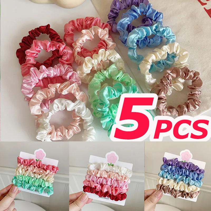 5PCS Spring Summer Bright Color Satin Silk Hair Scrunchies Girls High Ponytail Hair Bands Solid Color Hair Ties Hair Accessories