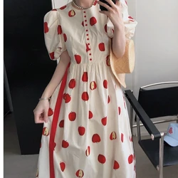 Sweet Lady Dress 2025 New Apple Printed Bubble Sleeves Summer Female Students Gentle Style Slim Holiday Long Skirt