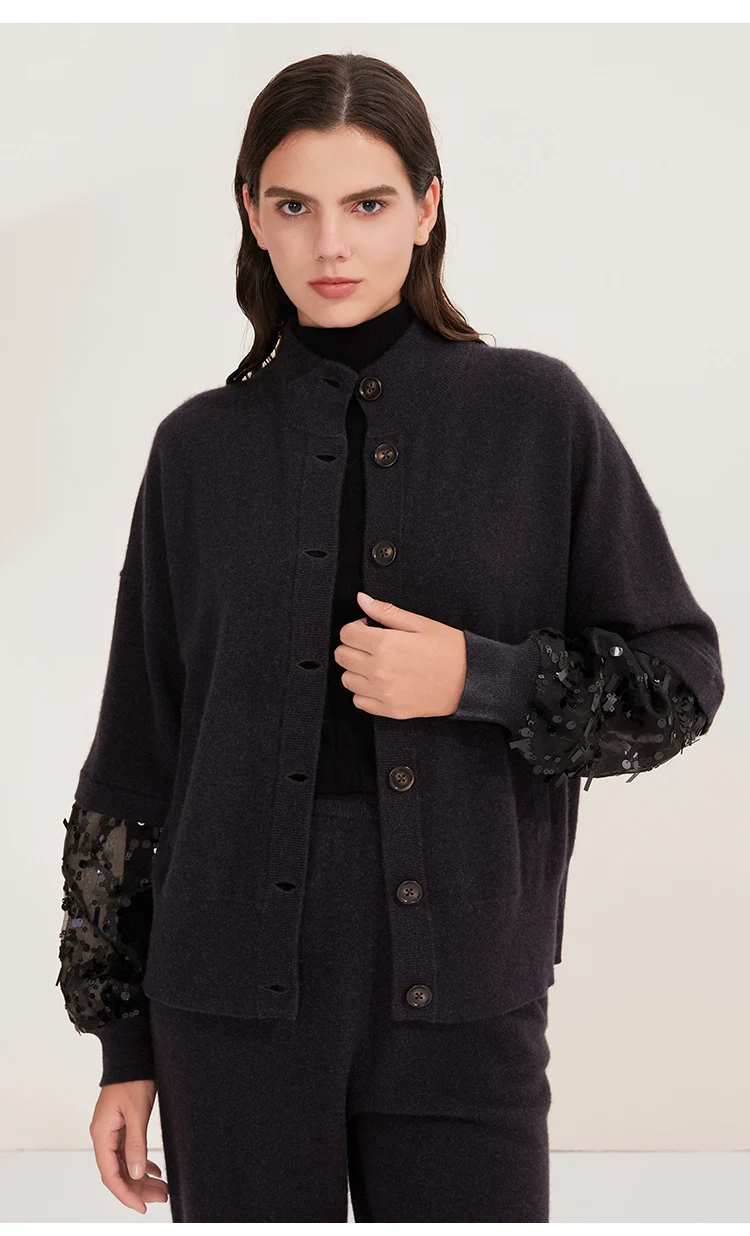 BD4521243 Damen-Kaschmir-Cardigan mit Knöpfen, Stehkragen, Langen Ärmeln, Organza-Pailletten-Manschetten, Lockerer Schnitt, Winter-Strickware – Detail 3