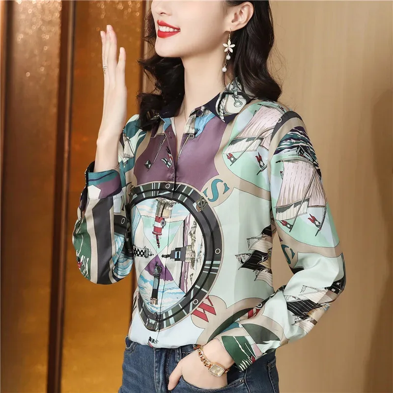 New Spring Fashion Button Collar Digital Long Sleeve Shirt Women's Cardigan Top One Piece Hair CollectionWG18