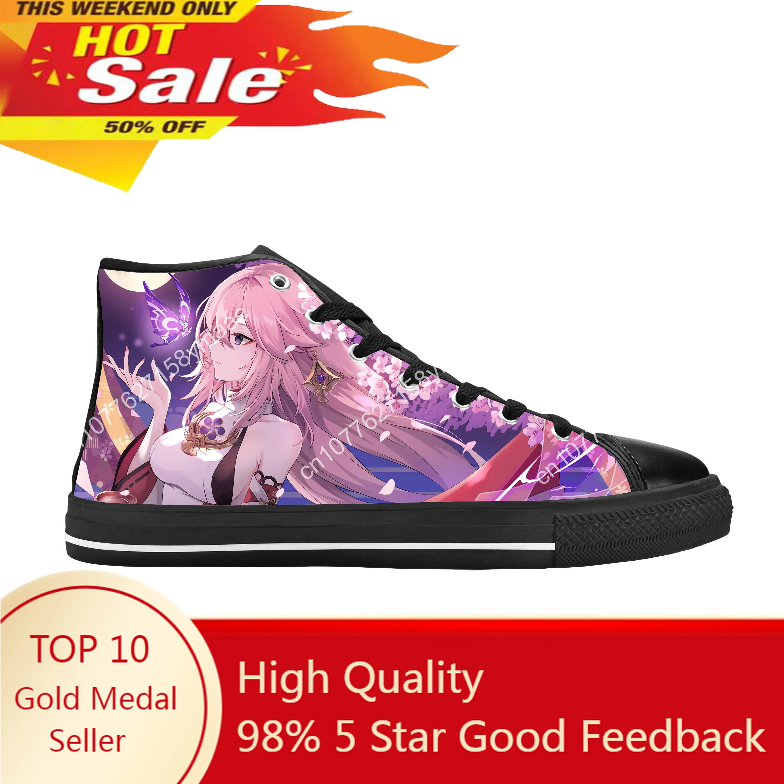 Anime Manga Cartoon Genshin Impact Yae Miko Guuji Casual Cloth Shoes High Top Comfortable Breathable 3D Print Men Women Sneakers