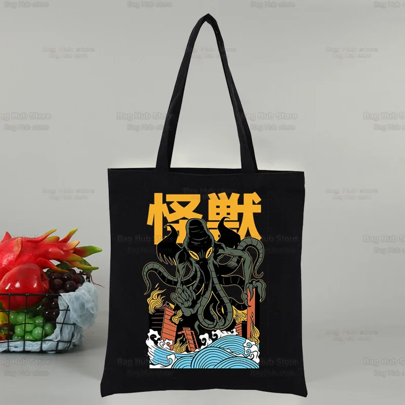 Cthulhu ปลาหมึกผู้หญิงสยองขวัญกระเป๋าผ้าใบช้อปปิ้งผู้หญิงสาว Tote Eco lovecraft กระเป๋าสะพายไหล่นักช้อปลึกลับฮาโลวีน