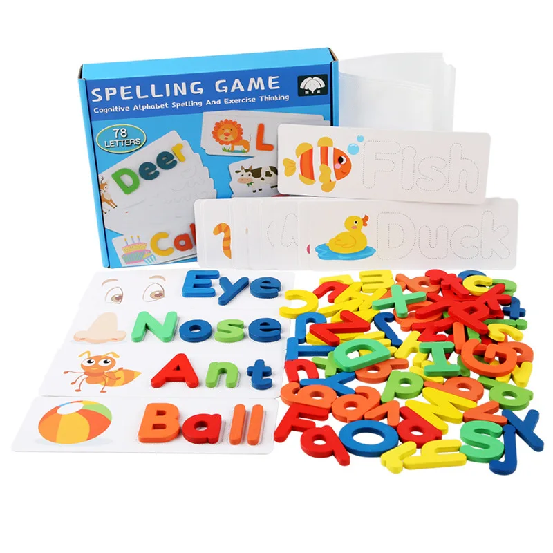 78pcs alfabeto inglese puzzle di parole di ortografia in legno giochi con 28 pezzi di carte di apprendimento bambini giocattoli educativi Montessori regali