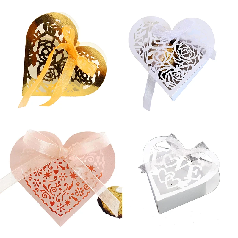 10Pcs Laser Cut Love Heart Candy Gift Box Wedding Gifts Favor Packaging Box With Ribbon Birthday Baby Shower for Guest Supplies