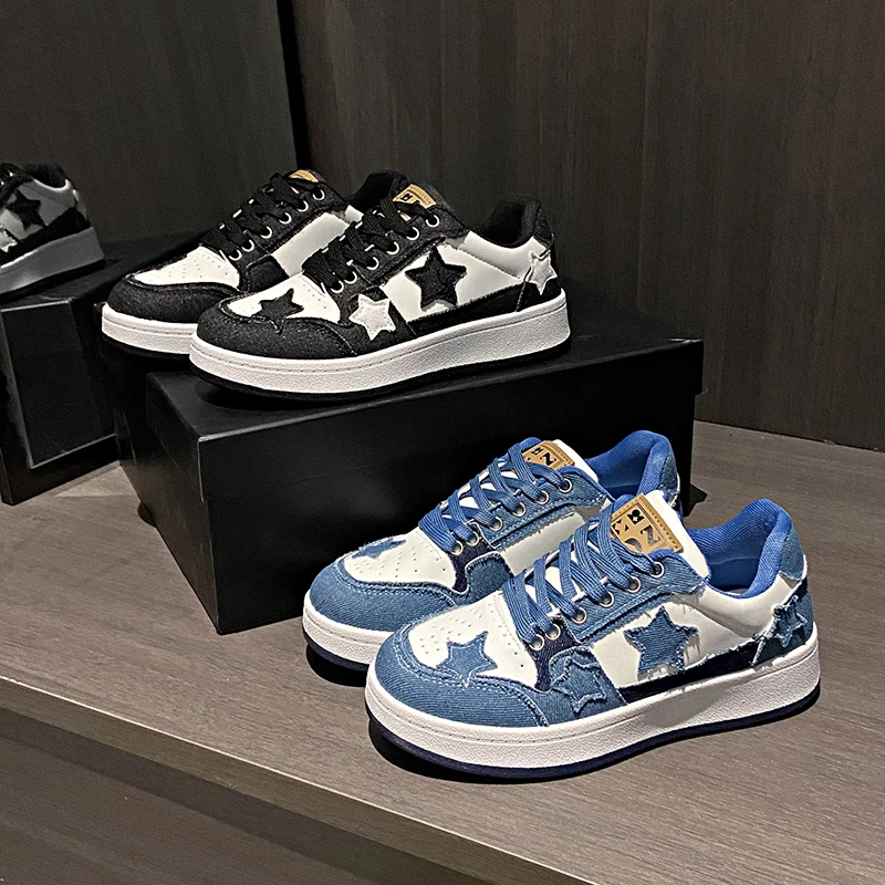 Casual Sneaker Low - レディース デニム パッチワーク スター装飾 スケートスニーカー レースアップ