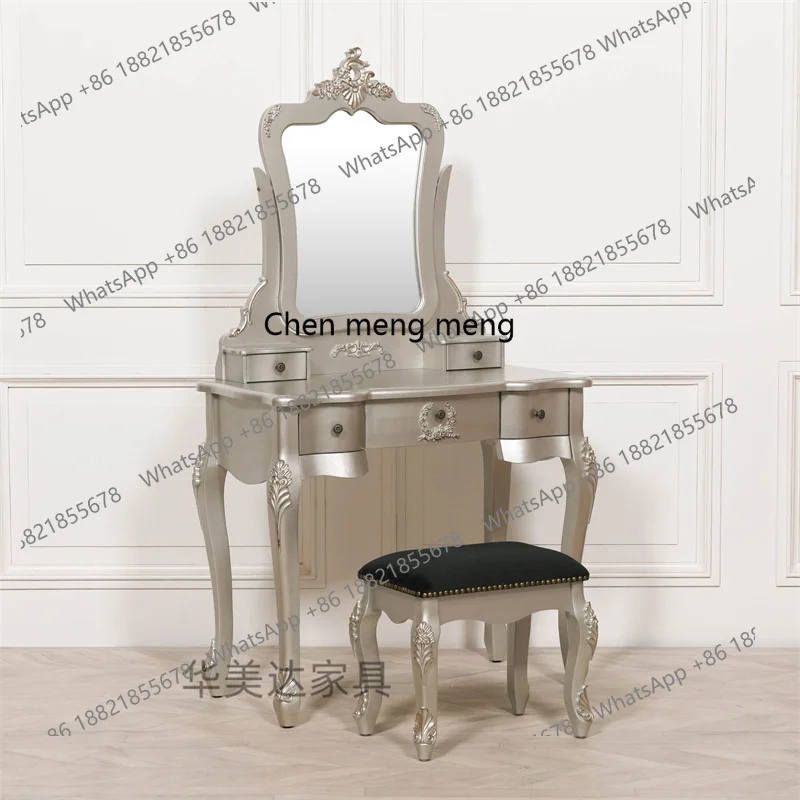 

Французский винтажный туалетный столик из цельного дерева, американский туалетный столик для дома, спальни с зеркалом, туалетный столик цвета шампанского, серебряная береза
