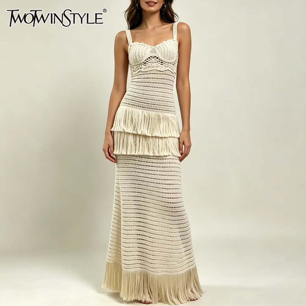 

TWOTWINSTYLE Solid Slimming Spliced Hollow Out Dress for Women Square Neck Sleeveless Patchwork Tassel Midi Dresses Female New