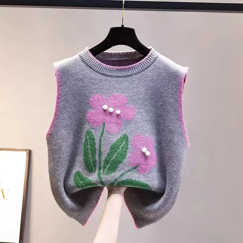 Floral Knitted Vest Women's Spring and Autumn Versatility Sleeveless Vest Loose Sweater Winter Undershirt