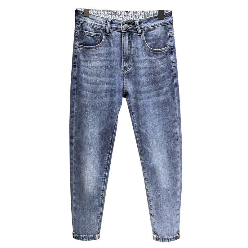 New Korean Fashion Men's Casual Long Jeans Classic Man Straight Denim Wide-leg Pants Solid Color Light Blue Black Ninth pants