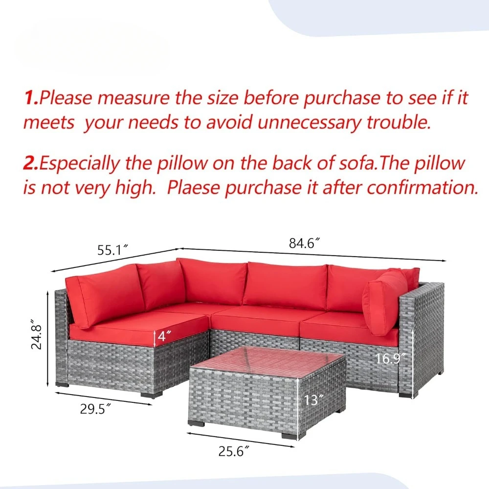 Outdoor Sofa Set of 5 with Washable Cushions & Glass Coffee Table, 5 Pieces Outdoor Patio Sectional Sofa Couch