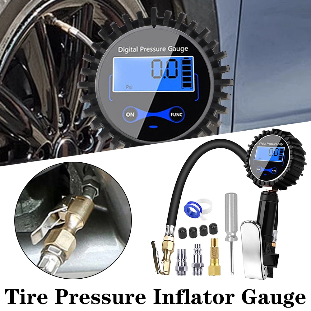 

Tire Pressure Inflator Gauge 200PSI Air Line Clip-on Tyre Pump Aluminum Alloy LCD Digital Tyre Pressure Meter