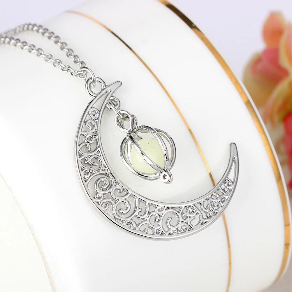

Luminous Night Light Necklace For Women Girls Blue-Green Hollow Moon Shape Pendant Jewelry Creative Fashion Decor Elegant