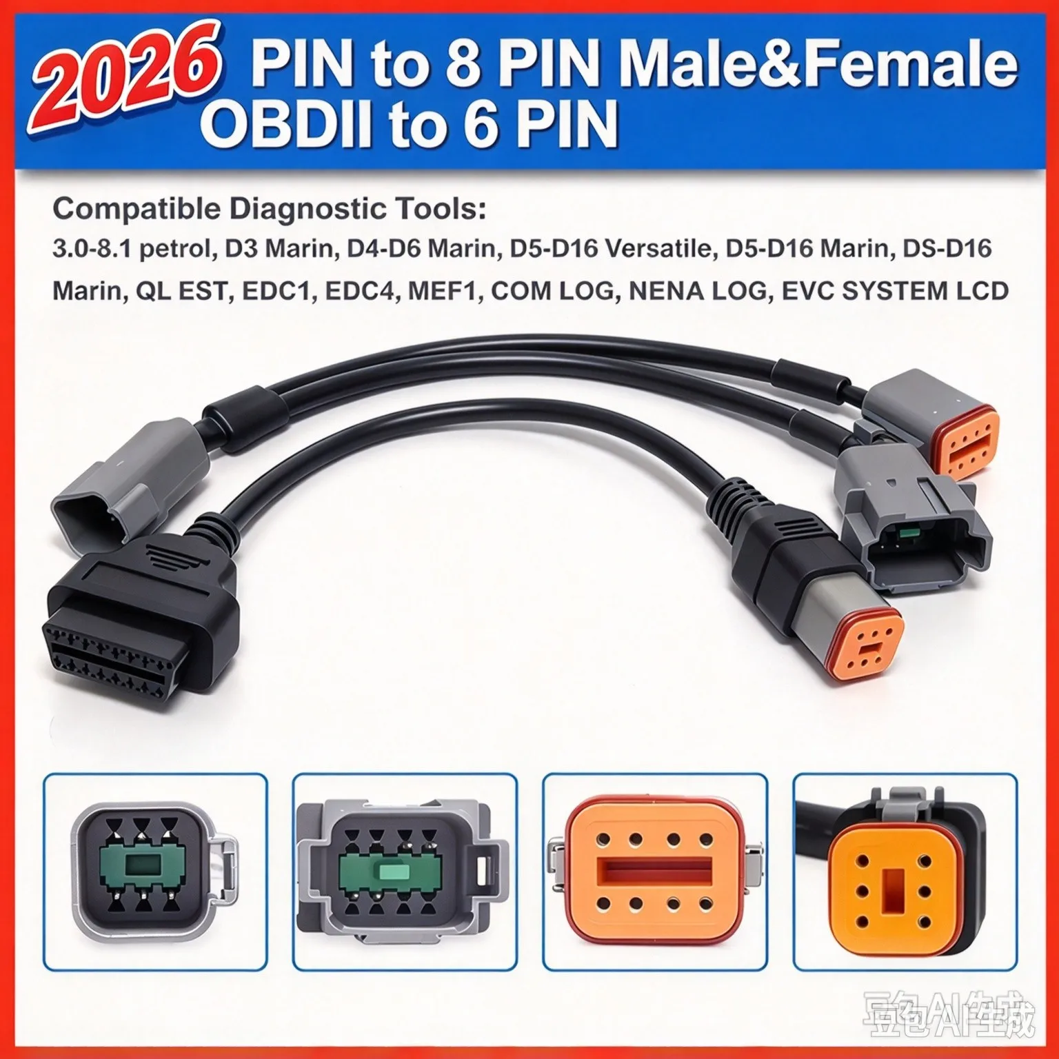 OBD Cable For Vo-lvo Penta Vodia Industrial Marine Engine Diagnostic Cable 6 Pin 8 Pin for Vodia5/EDC1/EDC4/D4-D6/D5-D16/D9-D16
