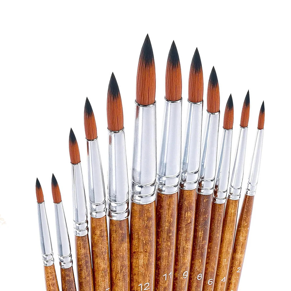 12pcs Artist Watercolor Paint Brushes, Round Pointed Tip Artist Paint Brushes Set Different Size for Watercolor Acrylic Gouache