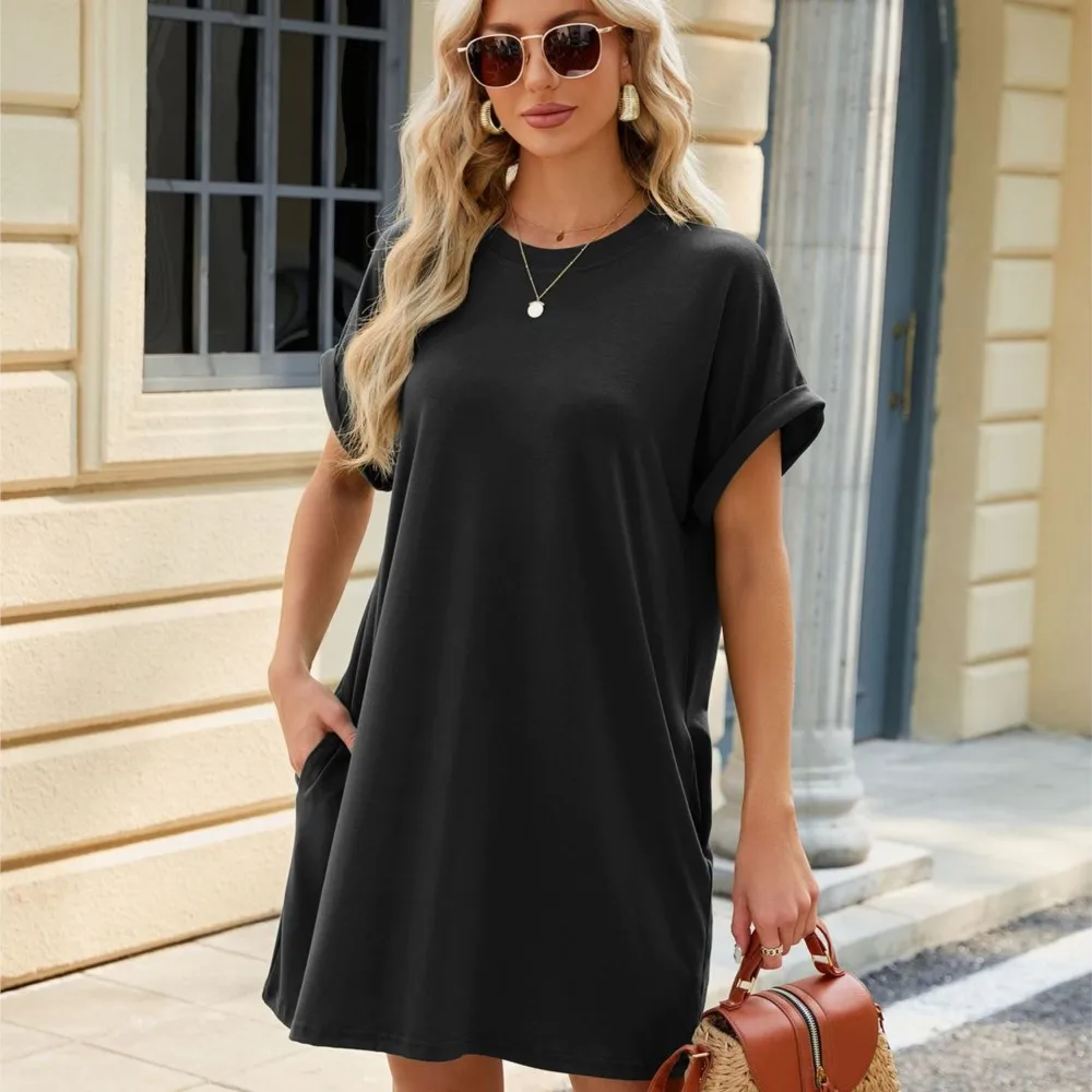 Casual Pullover T-shirt Dress For Women 2024 Summer New Item Solid Color Round Neck Pocket Loose Short Sleeved Dress Vestidos