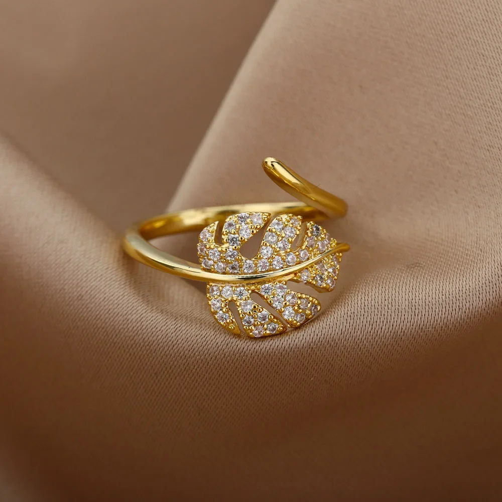 Modische offene Ringe in Palmblattform für Damen, goldfarben, mit Zirkonia, verstellbarer Fingerring, koreanischer Party-Schmuck, Geschenk für Mädchen – Detail 1