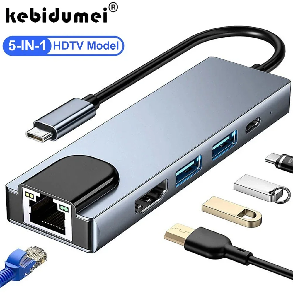 5 In 1 USB C HUB Type-C Splitter 1 To 4k HdTV Hub Adapter With Sd Tf 100M Rj45 Car Reader Pd Fast Charge For Macbook Notebook PC