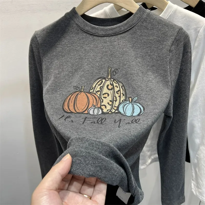 

Женская футболка с длинным рукавом на осень-зиму, с принтом тыквы, базовая, модная, хлопковая, для повседневной носки, с круглым вырезом