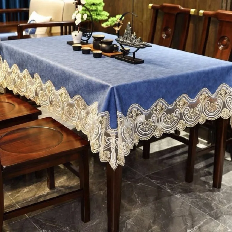 Tablecloth Waterproof Oil-proof No-wash Household Leather Long Table Mat Lace Edge Round Tablecloth Thick Tablecover