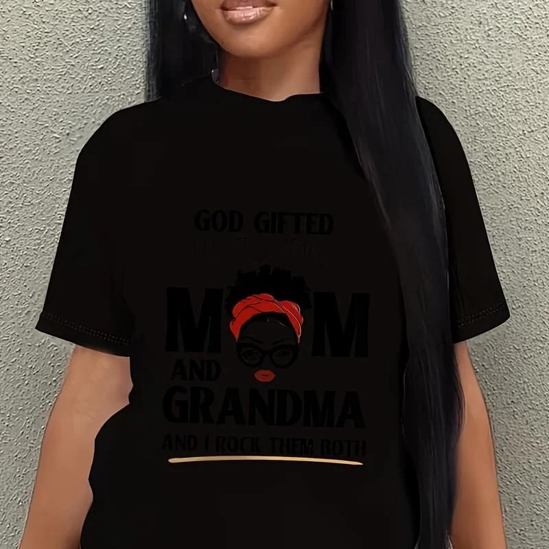 God Gifted Me Two Titles Mom and Grandma Women's Plus Size T-Shirt 100% Cotton 220g