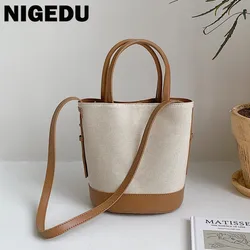 Korea Canvas stitching Ladies Round Bucket Bag Luxury Women Handbag Brand Designer female Shoulder Crossbody Bag lady tote bag