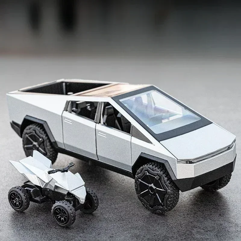 Coche de juguete Tesla Cybertruck Pickup modelo S, modelo X, modelo Y, Metal fundido a presión, Colección todoterreno, tirar hacia atrás, luz de sonido, regalo para niños, 1/32