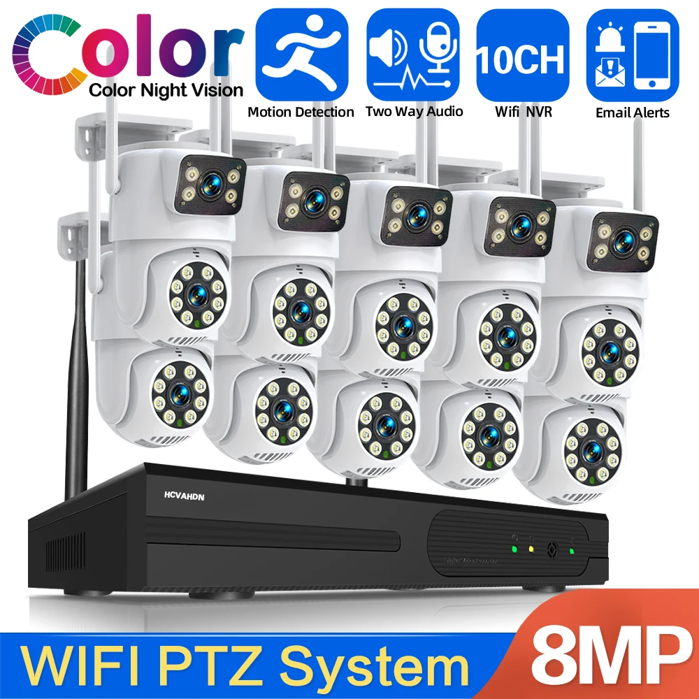 

10CH Wireless 8MP Wireless Dual Lens PTZ WIFI IP Security Camera System Set Auto Tracking 8CH Wifi NVR Video Surveillance System