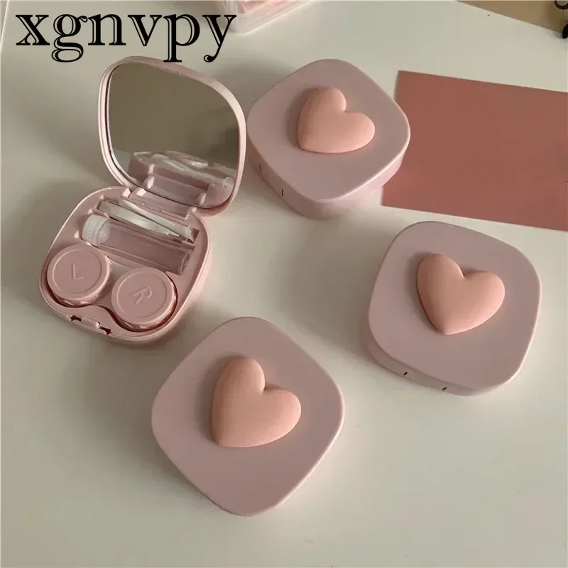 xgnvpy 1PCS Women Mini Lovely Eyes Contact Lens Container Box Bag Travel Kit Girl Cute Heart Contact Lens Case Box with Mirror