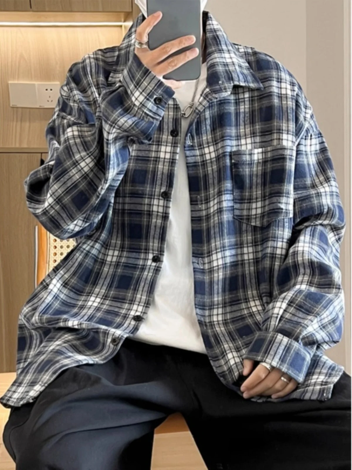 

Retro Hong Kong Sle k Blue Plaid irt Men's Spring Autumn New American Retro Casual Inner Match Versatile irt Coat