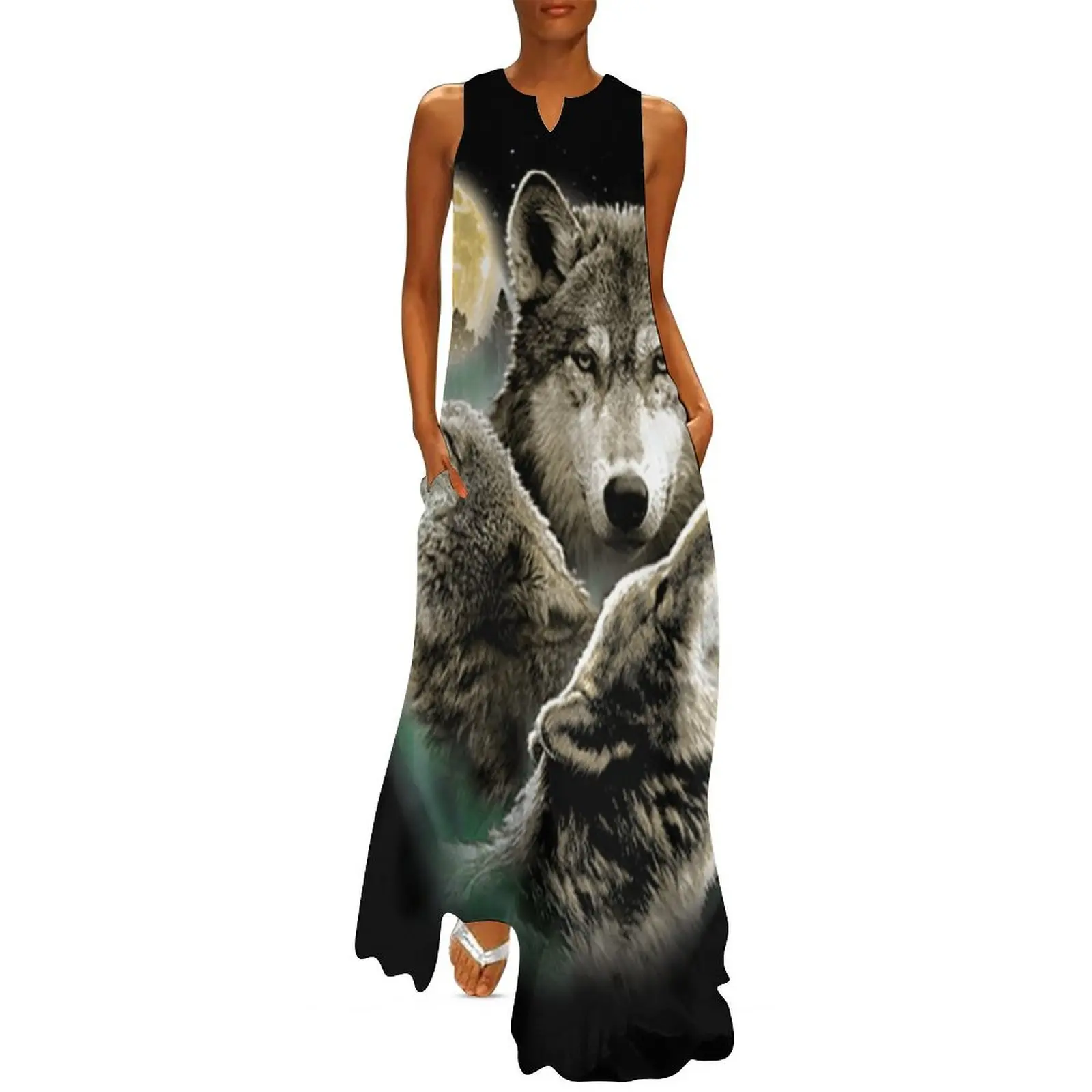 

Three Wolves Howling in Moonlight Long Dress prom dresses 2024 bandage dress Women"s skirt prom clothes