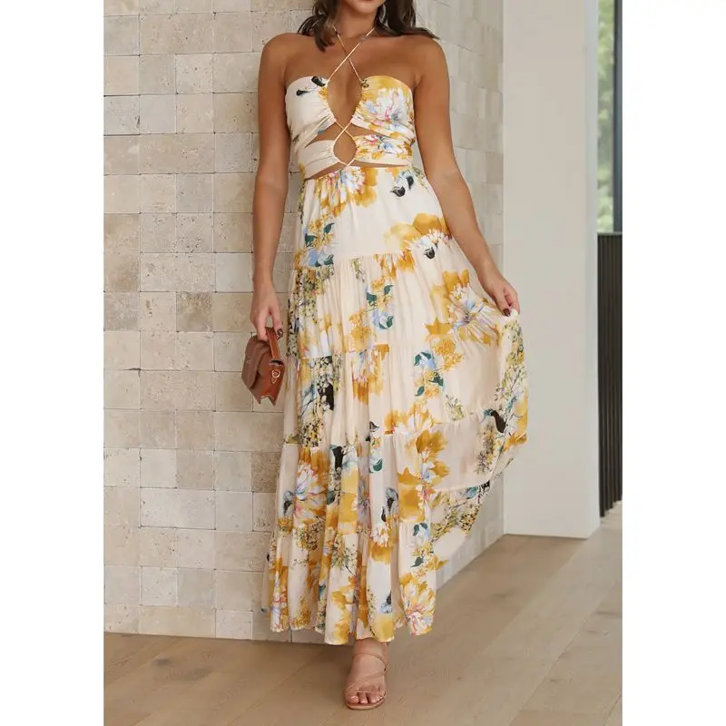 Combhasaki المرأة الصيف الدانتيل متابعة الرسن الرقبة أنيق الأزهار طباعة/التباين اللون انقطاع عارية الذراعين أكمام ألف خط فستان طويل