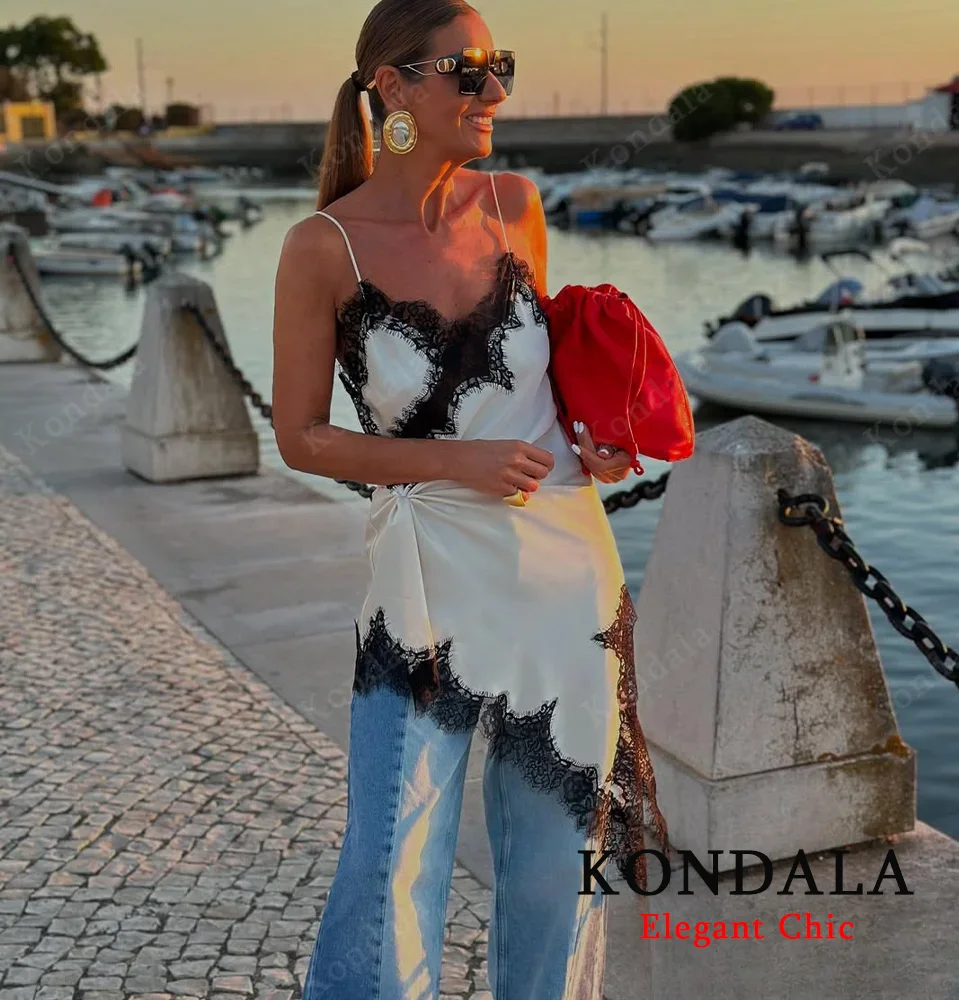 KONDALA Seksowna Sukienka Damska z Koronką, Wiązana na Szyi, Satynowa, Asymetryczna Mini Sukienka, Moda Lato-Jesień 2025, Sukienka na Imprezę, Wakacje, Plażę