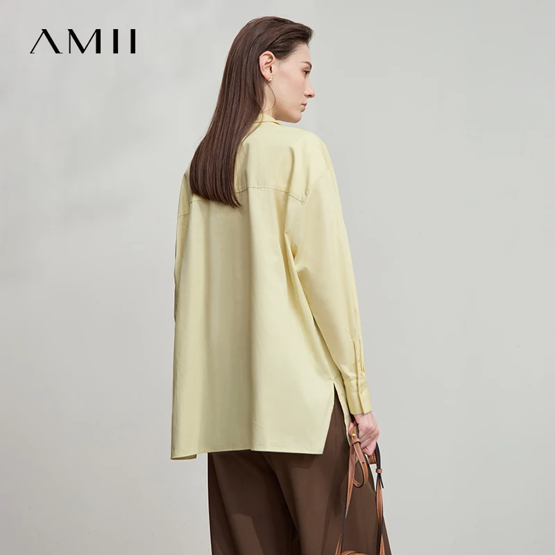 AMII 2025 가을 셔츠 미니멀리즘 탑 100% 코튼 긴 소매 솔리드 셔츠 Office Lady Buttons 풀오버 블라우스 12523091