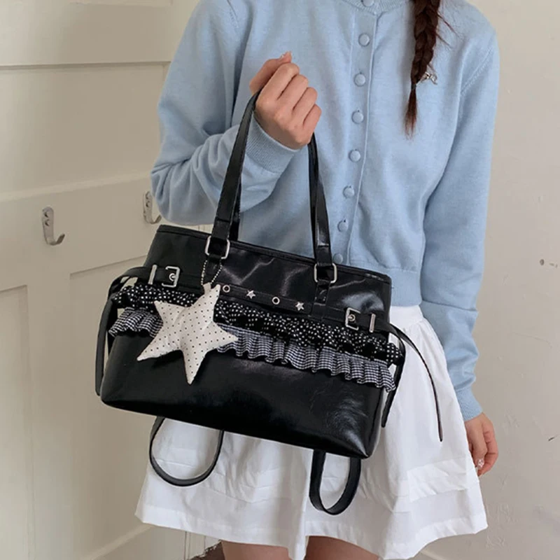 

Korean Style Tote Bag Women Large Capacity Wave Point Design Handbag With Ruffle Star Pendant Backpack Belt Buckle Commute Bag