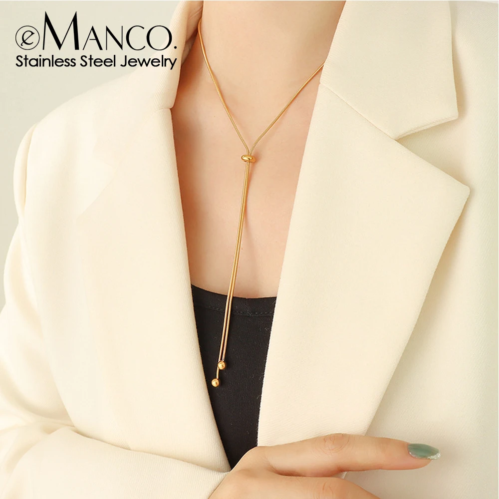 eManco Stainless Steel Y-shaped Beads Collarbone Round Long Pendant Necklace Snake Chain Women's Holiday Gift