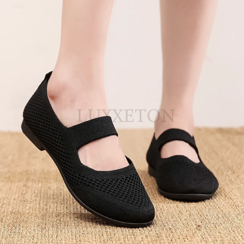 Women Vulcanized Shoes New Summer Elastic Band Soft Flat Bottom Summer Open Knit Mesh Casual Outdoor Cloth Shoes  Mainland China