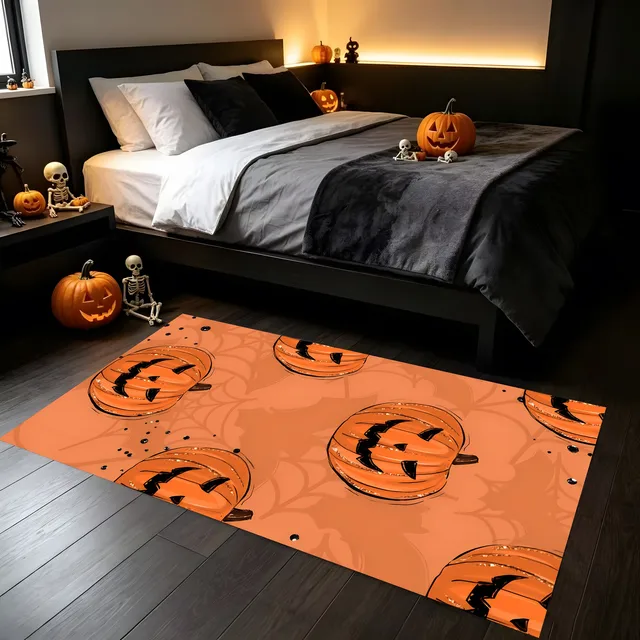 Velvet Quirky Pumpkin Head Design 2D Rug for Living Room and Bedroom, Warm Halloween Festive 2