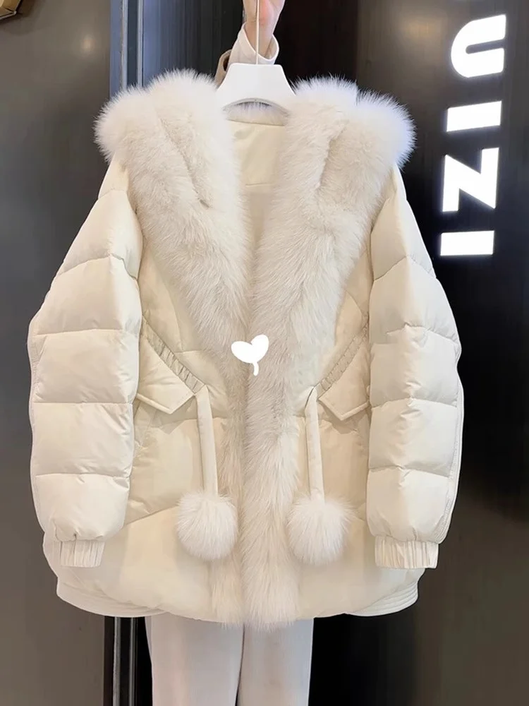 

Sweet Fur Collar Cotton Jacket Women's Winter Fashion Slimming White Cotton Coat Korean Style Large Size Commute Friendly