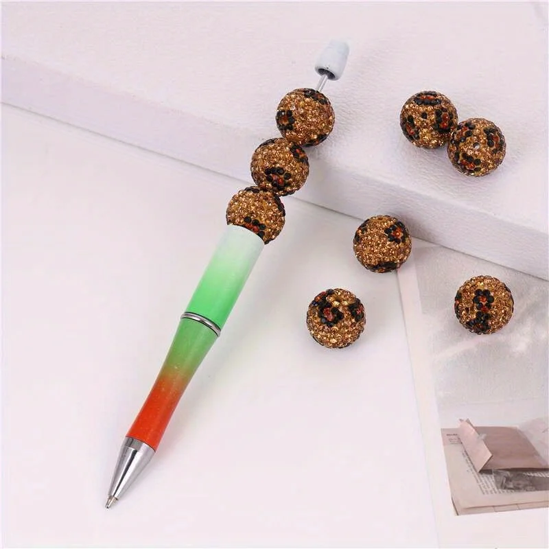 Perles Rondes en Argile Polymère avec Motif Imprimé Léopard, Strass en Verre, Bijoux pour Stylo, Décoration DIY, Porte-clés Exécutif, Colliers de la raq, 5 Pièces