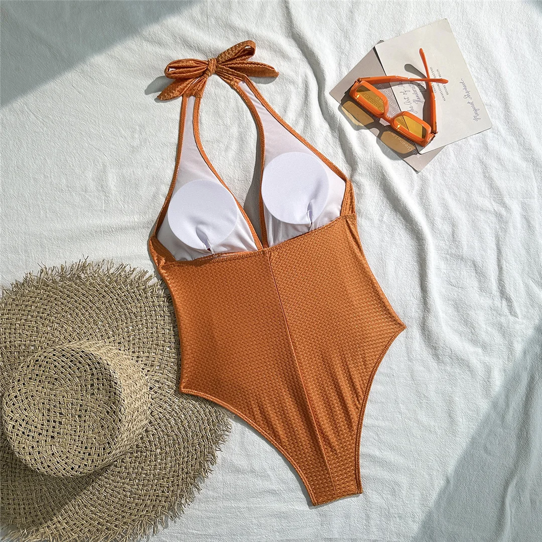 V-Ausschnitt, Neckholder, geraffter Einteiler-Badeanzug, Damen-Bademode, rückenfreier Monokini, hoher Beinausschnitt, Badeanzug, Badebekleidung, V7568 – Detail 10