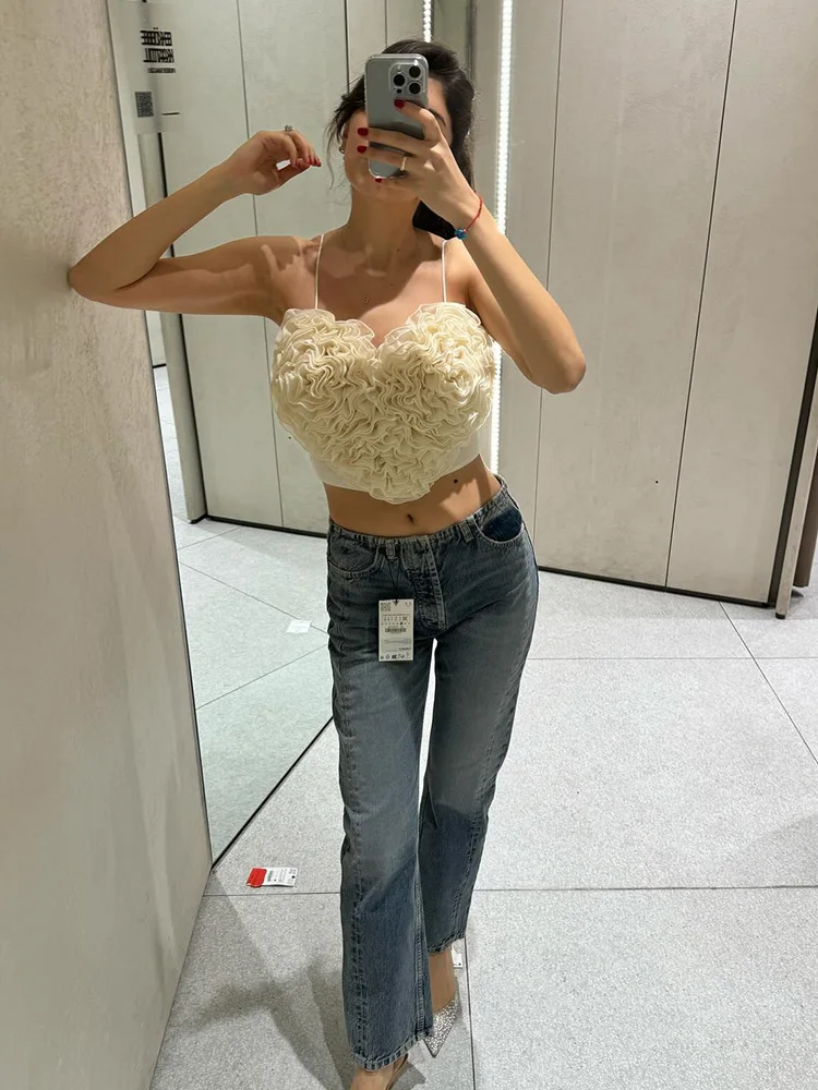 HH TRAF Summer Fashion Heart-Shaped Puffy Camisole Sexy V-Neck Cropped Tops Female Elegant Spaghetti Straps Backless Corset Top