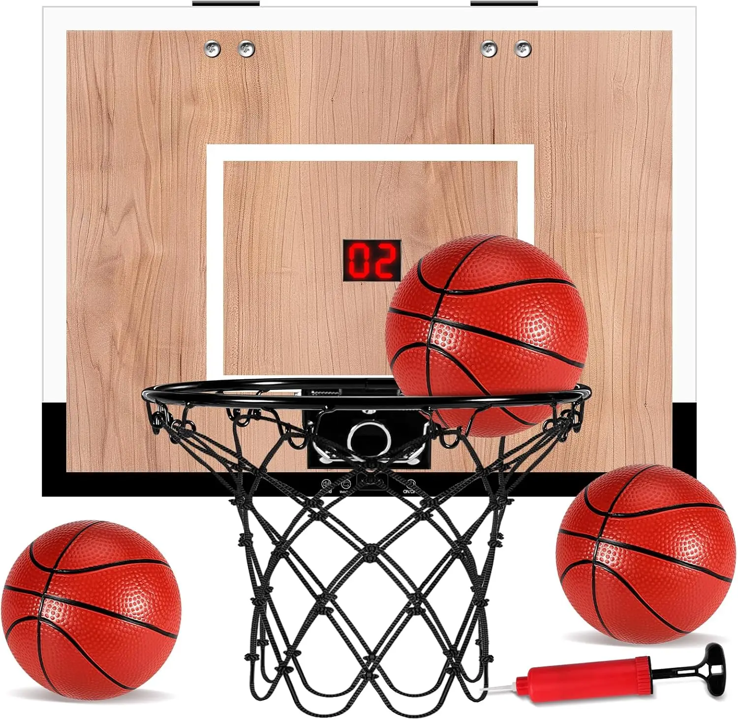 

Mini Basketball Hoop for Kids, Wall/Door Mount with Wooden Backboard, 3 Balls & Pump, Gift for All Ages