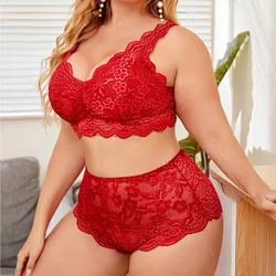 Large Size Underwear Women's Lingerie Set Sexy Lace Flower Crop Top Set Female Transparent Embroidery Sleep Vest Bra Thong Set