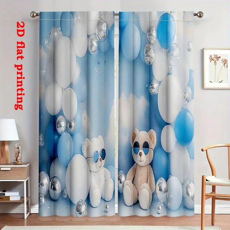 Blue Bear Balloon Curtain, Cute Cartoon Animal Print Drape, Kids Birthday Party Window Treatment for Nursery Bedroom Home Decor