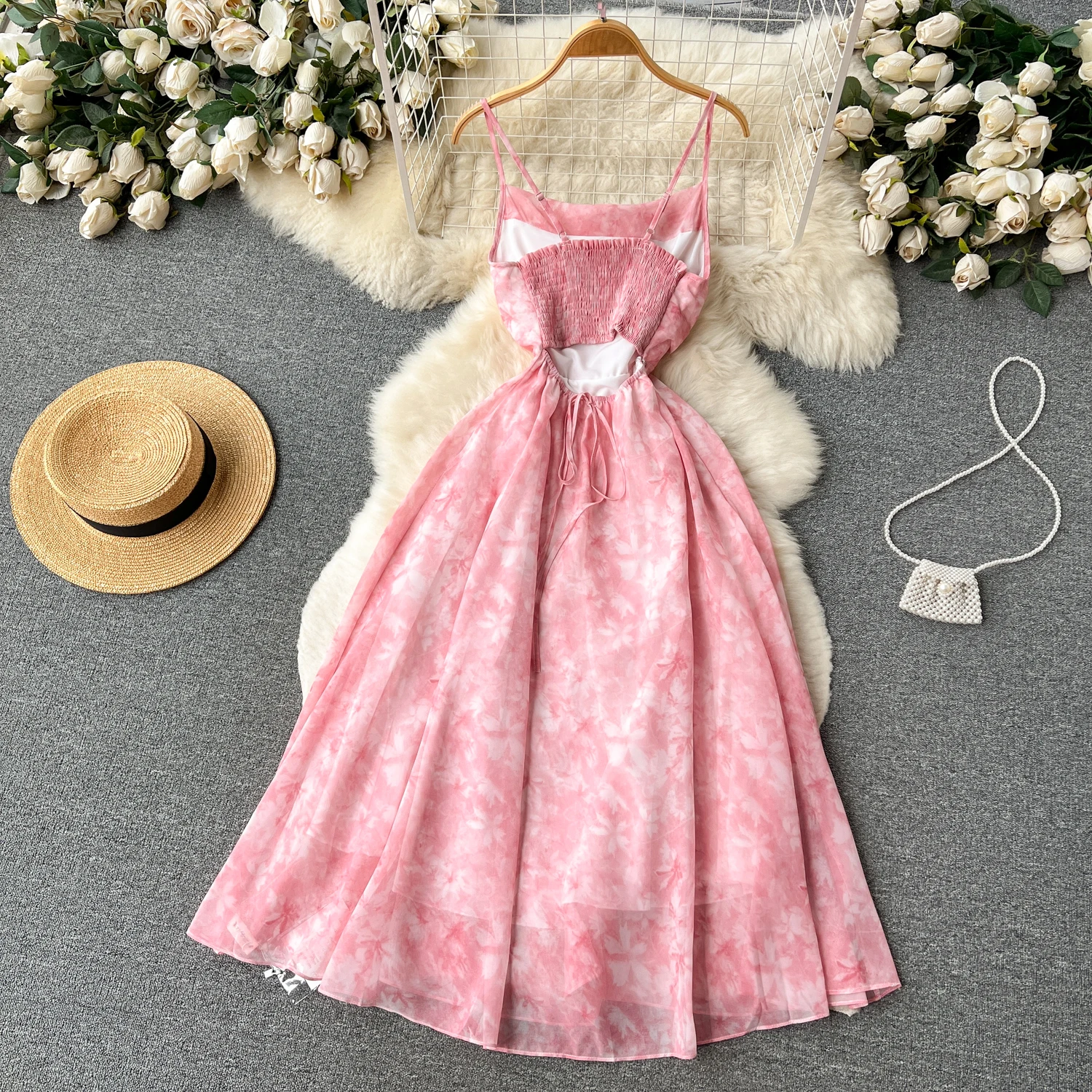 Jupe mi-longue en mousseline de soie pour femmes, fée d'été, ajourée, ceinturée, imprimé Floral, Dr coréen, taille haute