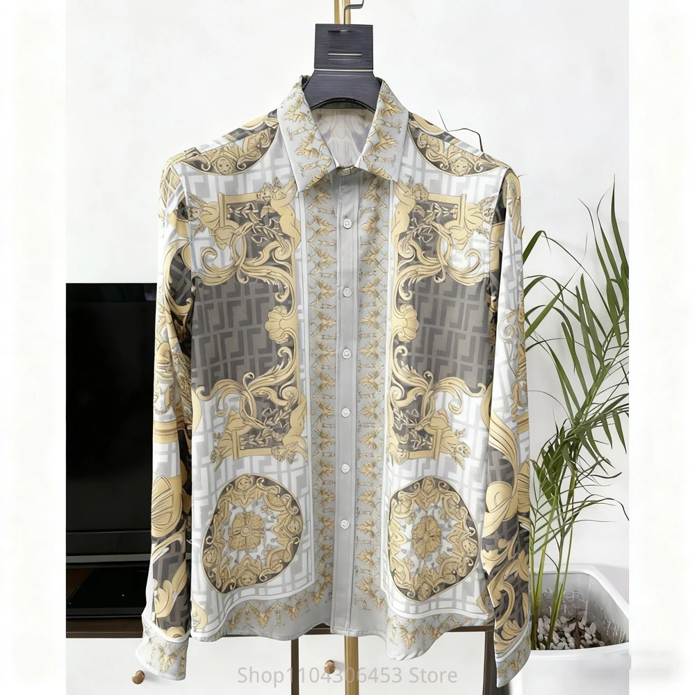 Men's Retro Classic French Court Curly Grass Pattern 3D Printed Shirt Long-sleeved Lapel Lightweight Breathable Business Casual