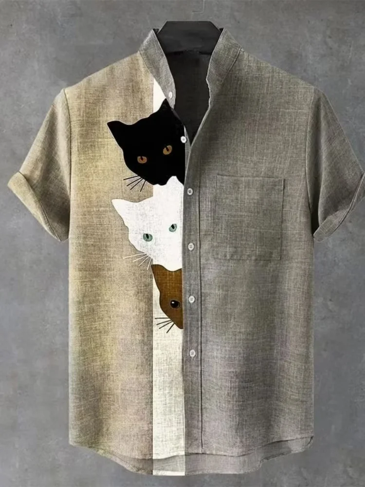 Men's shirt short sleeved shirt black and white contrasting color peeking at cat yellow eyes creative printed loose casual shirt